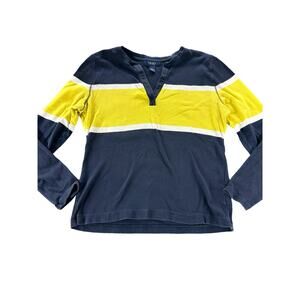 Chaps Navy Blue Yellow White Long Sleeve V-Neck Shirt Women's Size Large